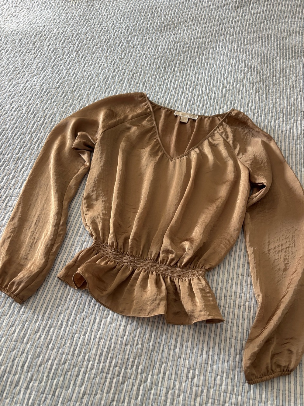 Michael Kors Satin V-Neck Peplum Blouse - Copper Brown